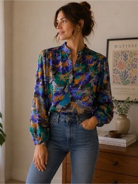 Teddi Vintage 80s Multicolor Floral Shirt Size 14 Cottagecore Retro Statement